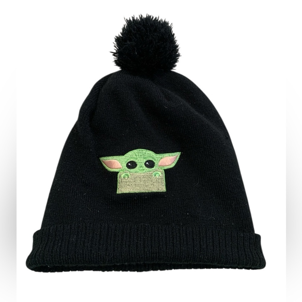 ⚡️The Child Grogu Baby Yoda Star Wars Black Pom Pom Beanie Hat 100% Acrylic
